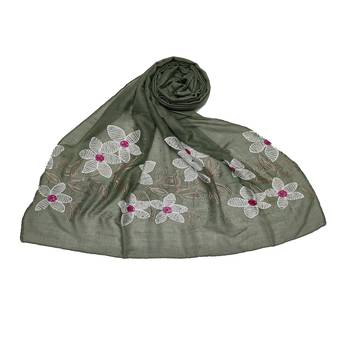 Self Emboidered  Flower Hijab - Green - Size - 75/185 CM 1