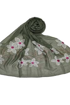 Self Emboidered  Flower Hijab - Green - Size - 75/185 CM