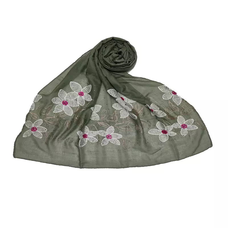 Self Emboidered  Flower Hijab - Green - Size - 75/185 CM