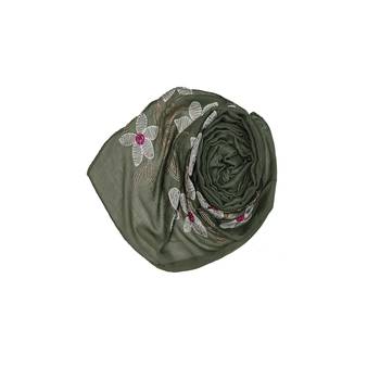 Self Emboidered  Flower Hijab - Green - Size - 75/185 CM 2