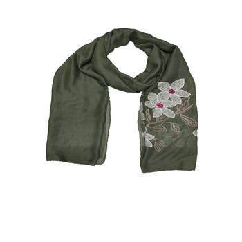 Self Emboidered  Flower Hijab - Green - Size - 75/185 CM 3