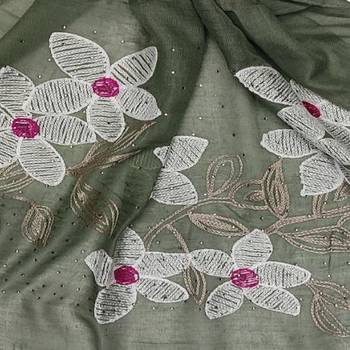 Self Emboidered  Flower Hijab - Green - Size - 75/185 CM 4