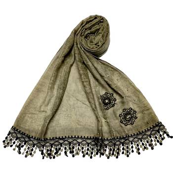 Cotton  Flower Hijab With Heavy Border and Fringe's - Green - Size - 75/185 CM 1