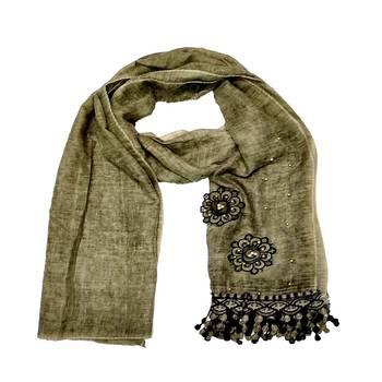 Cotton  Flower Hijab With Heavy Border and Fringe's - Green - Size - 75/185 CM 3