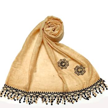 Cotton  Flower Hijab With Heavy Border and Fringe's - Cream - Size - 75/185 CM 1