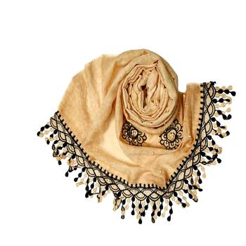 Cotton  Flower Hijab With Heavy Border and Fringe's - Cream - Size - 75/185 CM 2