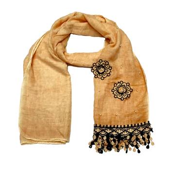 Cotton  Flower Hijab With Heavy Border and Fringe's - Cream - Size - 75/185 CM 3