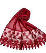 Cotton Heavy Net Lace With Work On Border and Net - Maroon - Size - 75/185 CM