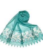 Cotton Heavy Net Lace With Work On Border and Net - Sea Blue - Size - 75/185 CM