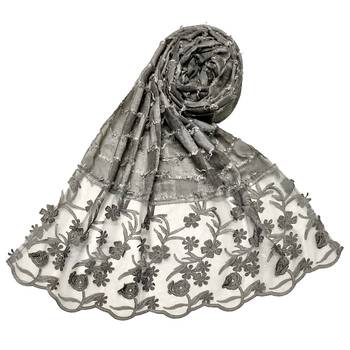 Flower Work Emboidered Hijab - Grey - Size - 75/185 CM 1