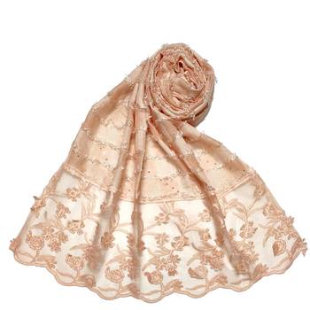Flower Work Emboidered Hijab - Light Orange - Size - 75/185 CM 1