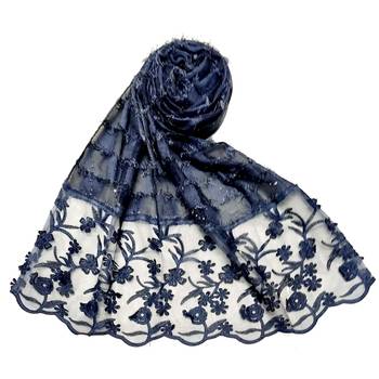 Flower Work Hijab - Blue - Size - 75/185 CM 1