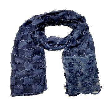 Flower Work Hijab - Blue - Size - 75/185 CM 3