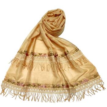 Double Sided Border With Double Sided Fringe's Cotton Hijab - Cream - Size - 75/185 CM 1