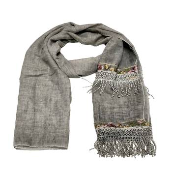 Double Sided Border With Double Sided Fringe's Cotton Hijab - Grey - Size - 75/185 CM 3