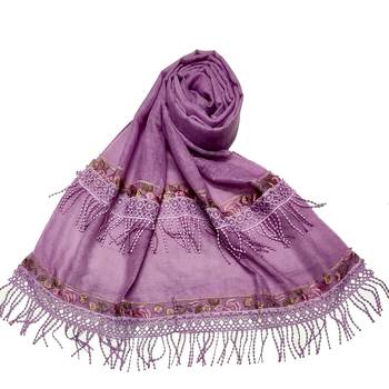 Double Sided Border With Double Sided Fringe's Cotton Hijab - Purple - Size - 75/185 CM 1
