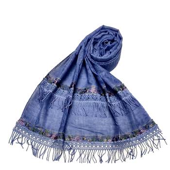 Double Sided Border With Double Sided Fringe's Cotton Hijab - Blue - Size - 75/185 CM 1