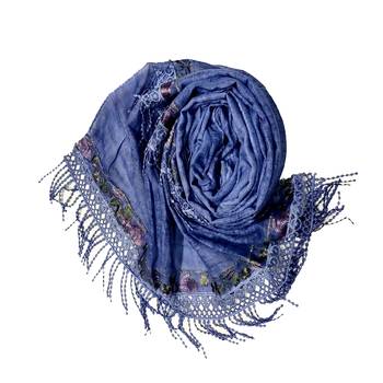 Double Sided Border With Double Sided Fringe's Cotton Hijab - Blue - Size - 75/185 CM 2
