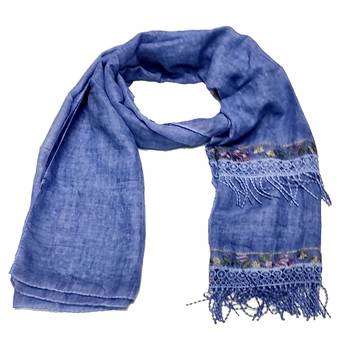 Double Sided Border With Double Sided Fringe's Cotton Hijab - Blue - Size - 75/185 CM 3