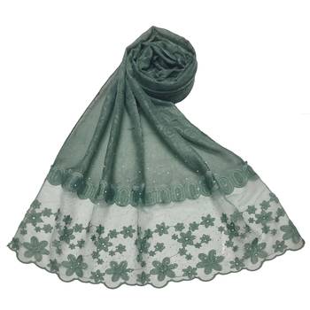 Diamond Studed Hijab With Beautiful Flower Work On Net - Green - Size - 75/185 CM 1