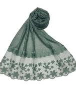 Diamond Studed Hijab With Beautiful Flower Work On Net - Green - Size - 75/185 CM