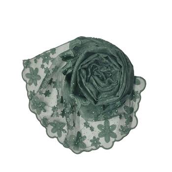 Diamond Studed Hijab With Beautiful Flower Work On Net - Green - Size - 75/185 CM 2