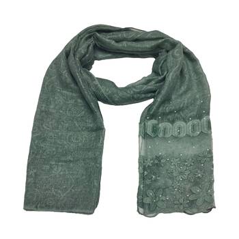 Diamond Studed Hijab With Beautiful Flower Work On Net - Green - Size - 75/185 CM 3