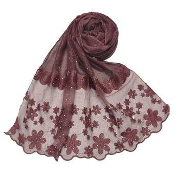 Diamond Studed Hijab With Beautiful Flower Work On Net - Maroon - Size - 75/185 CM 1