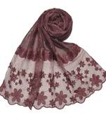 Diamond Studed Hijab With Beautiful Flower Work On Net - Maroon - Size - 75/185 CM