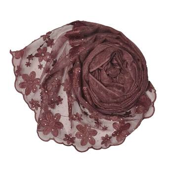 Diamond Studed Hijab With Beautiful Flower Work On Net - Maroon - Size - 75/185 CM 2