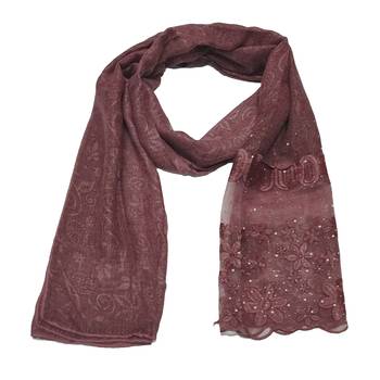 Diamond Studed Hijab With Beautiful Flower Work On Net - Maroon - Size - 75/185 CM 3