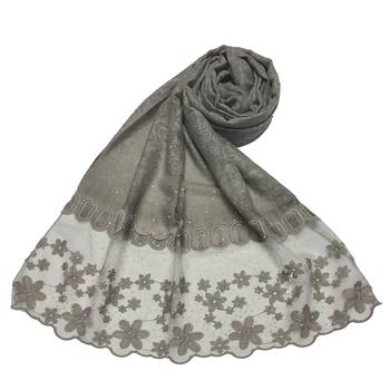 Diamond Studed Hijab With Beautiful Flower Work On Net - Grey - Size - 75/185 CM 1