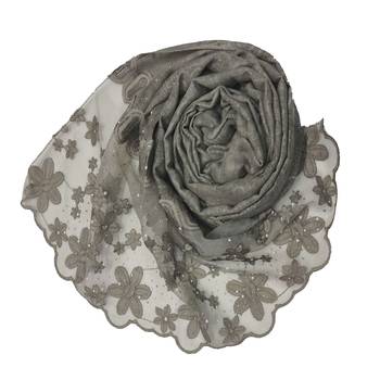 Diamond Studed Hijab With Beautiful Flower Work On Net - Grey - Size - 75/185 CM 2
