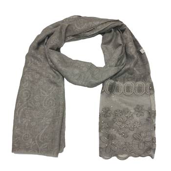 Diamond Studed Hijab With Beautiful Flower Work On Net - Grey - Size - 75/185 CM 3