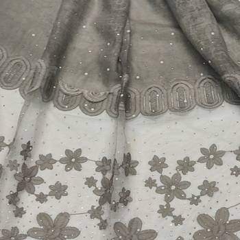 Diamond Studed Hijab With Beautiful Flower Work On Net - Grey - Size - 75/185 CM 4