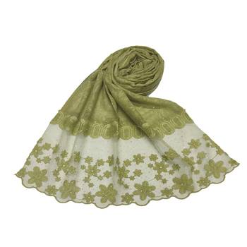 Diamond Studed Hijab With Beautiful Flower Work On Net - Green - Size - 75/185 CM 1