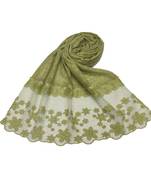 Diamond Studed Hijab With Beautiful Flower Work On Net - Green - Size - 75/185 CM