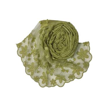 Diamond Studed Hijab With Beautiful Flower Work On Net - Green - Size - 75/185 CM 2