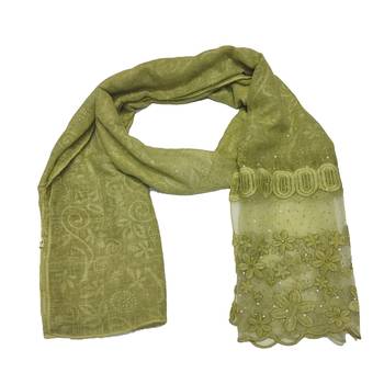Diamond Studed Hijab With Beautiful Flower Work On Net - Green - Size - 75/185 CM 3