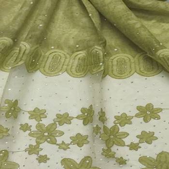 Diamond Studed Hijab With Beautiful Flower Work On Net - Green - Size - 75/185 CM 4