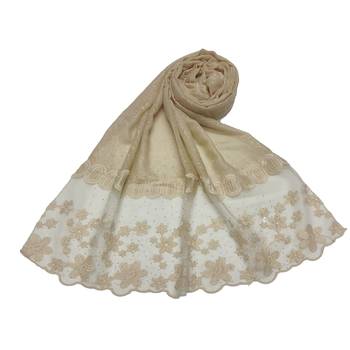 Diamond Studed Hijab With Beautiful Flower Work On Net - Cream - Size - 75/185 CM 1