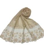 Diamond Studed Hijab With Beautiful Flower Work On Net - Cream - Size - 75/185 CM