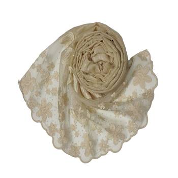 Diamond Studed Hijab With Beautiful Flower Work On Net - Cream - Size - 75/185 CM 2