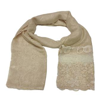 Diamond Studed Hijab With Beautiful Flower Work On Net - Cream - Size - 75/185 CM 3