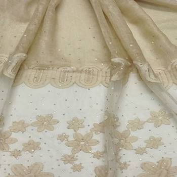 Diamond Studed Hijab With Beautiful Flower Work On Net - Cream - Size - 75/185 CM 4