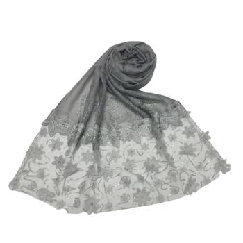 Silverish New Aged Design On Net With Flower and Diamond Work On Hijab - Grey - Size - 75/185 CM 1