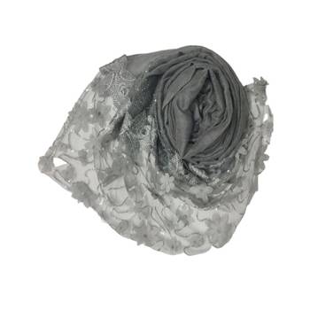Silverish New Aged Design On Net With Flower and Diamond Work On Hijab - Grey - Size - 75/185 CM 2