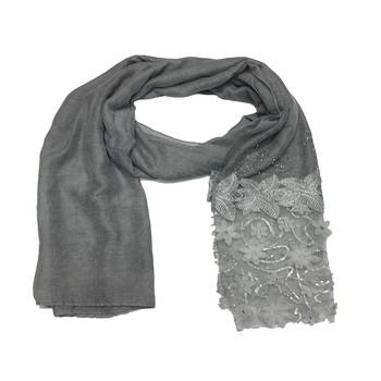 Silverish New Aged Design On Net With Flower and Diamond Work On Hijab - Grey - Size - 75/185 CM 3
