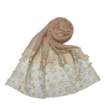 Silverish New Aged Design On Net With Flower and Diamond Work On Hijab - Cream - Size - 75/185 CM 1