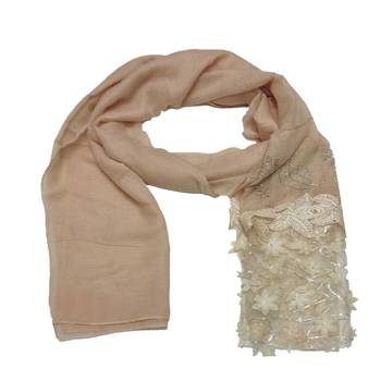 Silverish New Aged Design On Net With Flower and Diamond Work On Hijab - Cream - Size - 75/185 CM 3